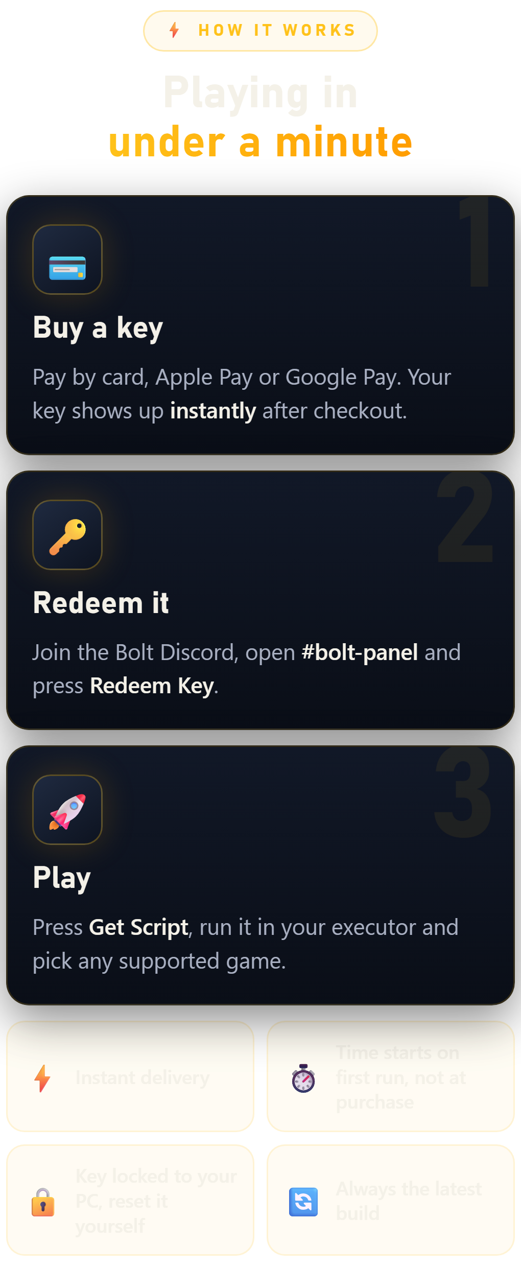 How it works: buy a key, redeem it in the Bolt Discord #bolt-panel, then press Get Script and run it in your executor