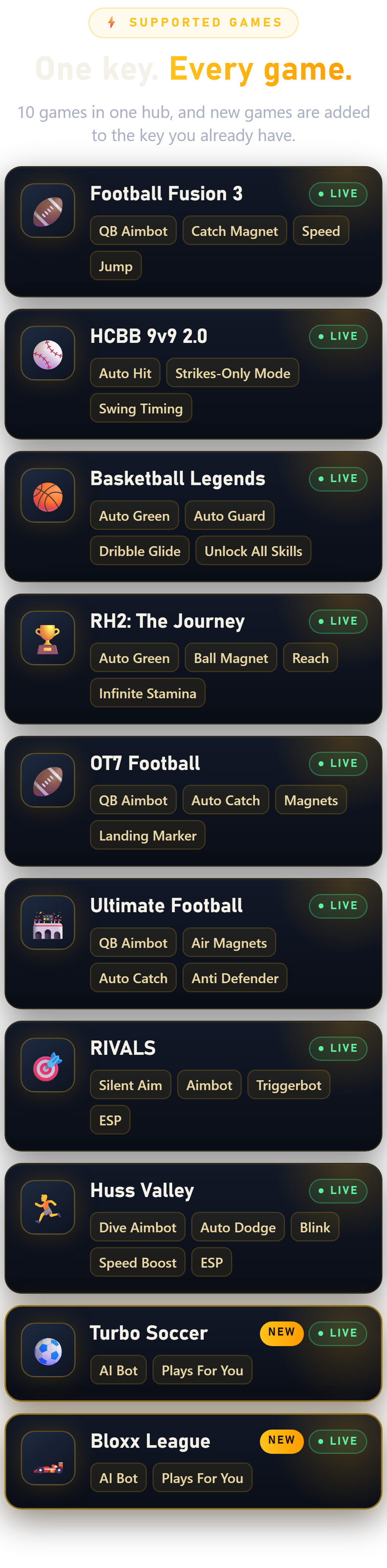 Supported games: Football Fusion 3, HCBB 9v9 2.0, Basketball Legends, RH2: The Journey, OT7 Football, Ultimate Football, RIVALS, Huss Valley, Turbo Soccer and Bloxx League