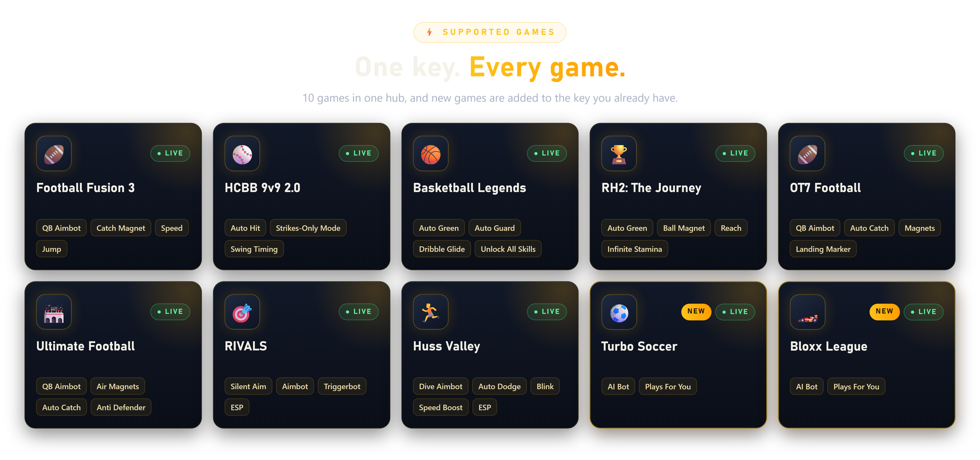 Supported games: Football Fusion 3, HCBB 9v9 2.0, Basketball Legends, RH2: The Journey, OT7 Football, Ultimate Football, RIVALS, Huss Valley, Turbo Soccer and Bloxx League