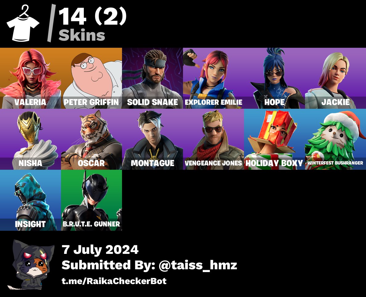 14 skins | Valeria | Peter Griffin | Solid Snake | Explorer Emilie | Hope | Jackie | Nisha | Oscar | Montague | Vengeance Jones | 50 VB