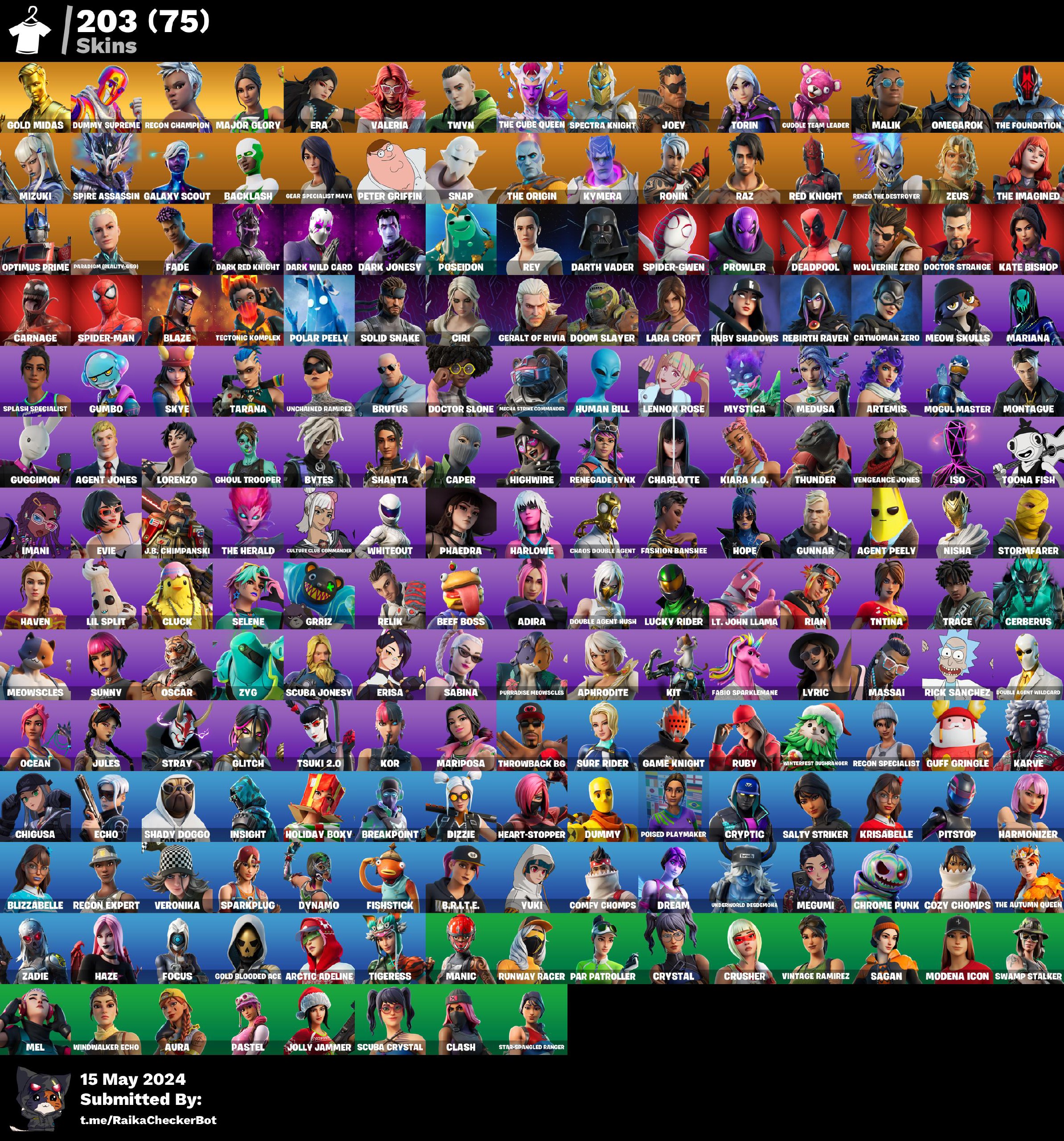 203 skins | Valeria | Peter Griffin | Solid Snake | Explorer Emilie | Hope | Jackie | Nisha | Oscar | Montague | Vengeance Jones | 50 VB (Copy)