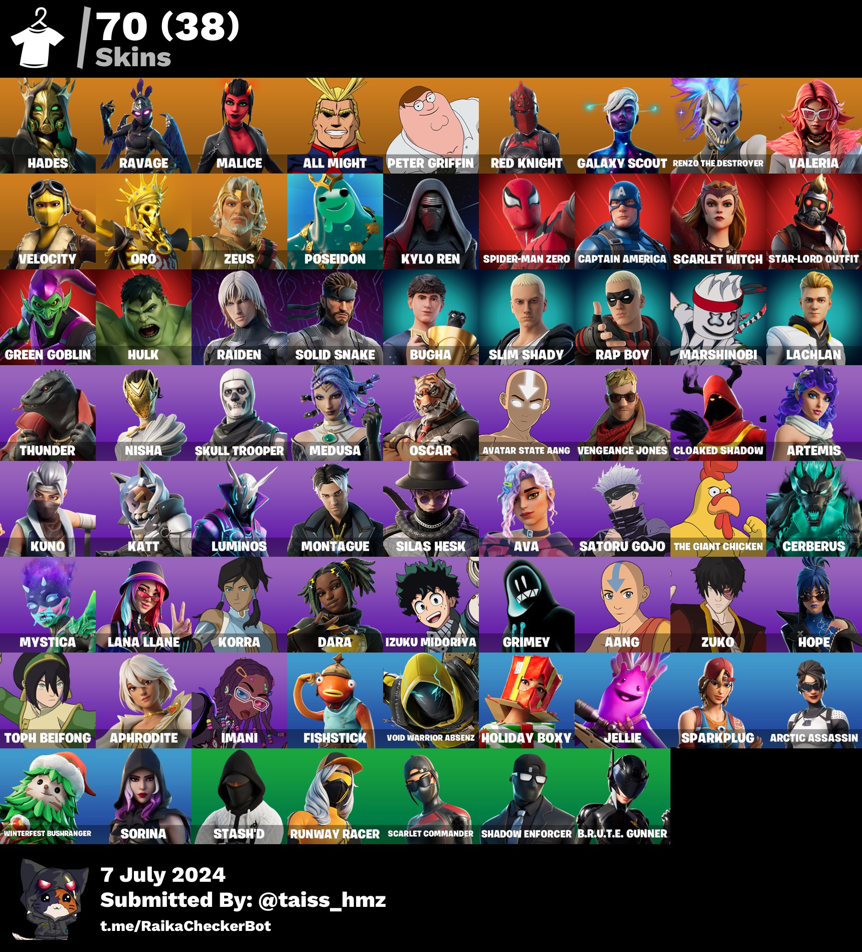70 Skins |Galaxy Scout | Low Active | Velocity | Hades | Renzo the Destroyer | Ravage | Zeus | Valeria | Malice