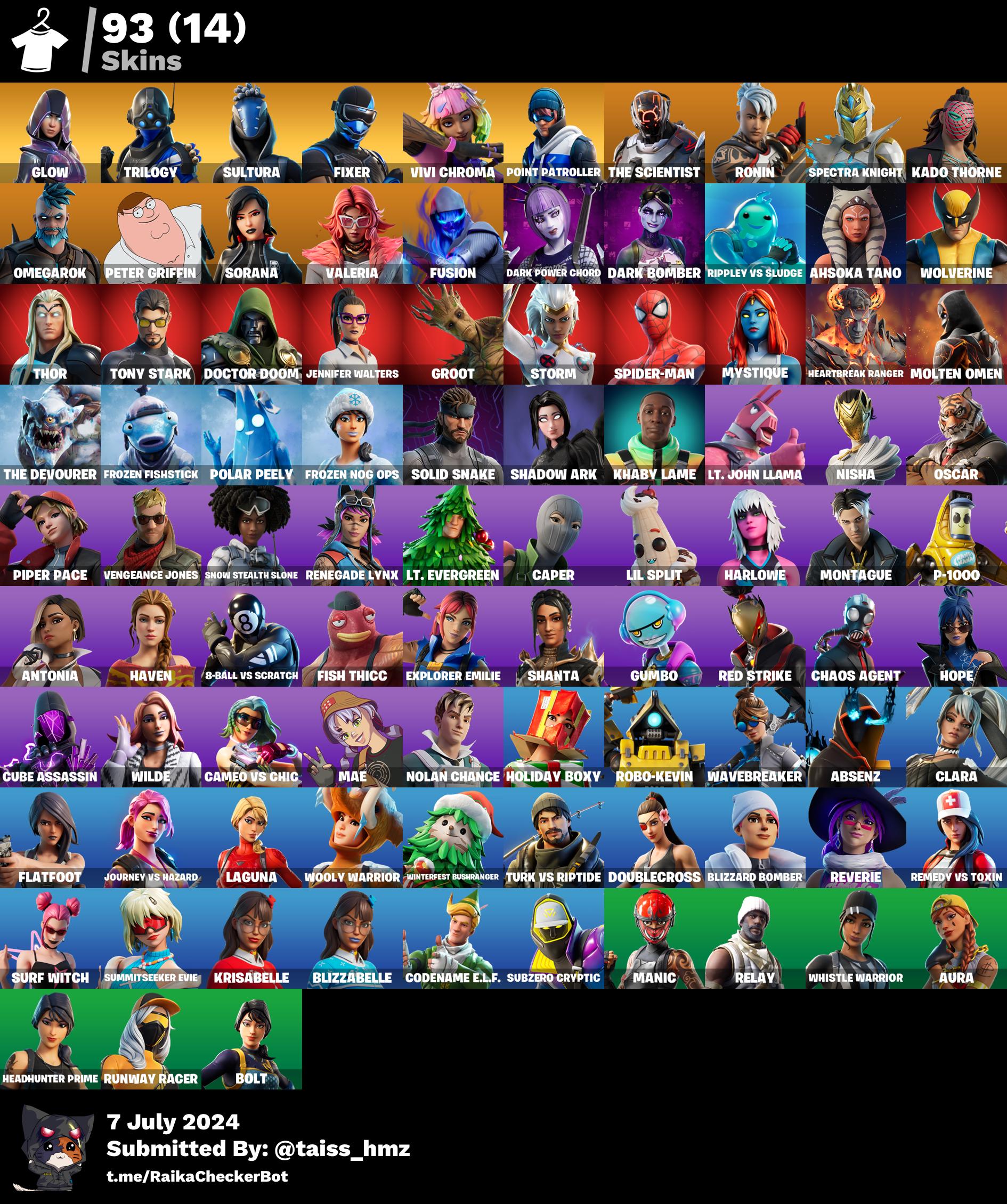 93 skins | Glow | Trilogy | Sultura | Fixer | Vivi Chroma | Point Patrol | The Scientist | Ronin | Spectra Knight