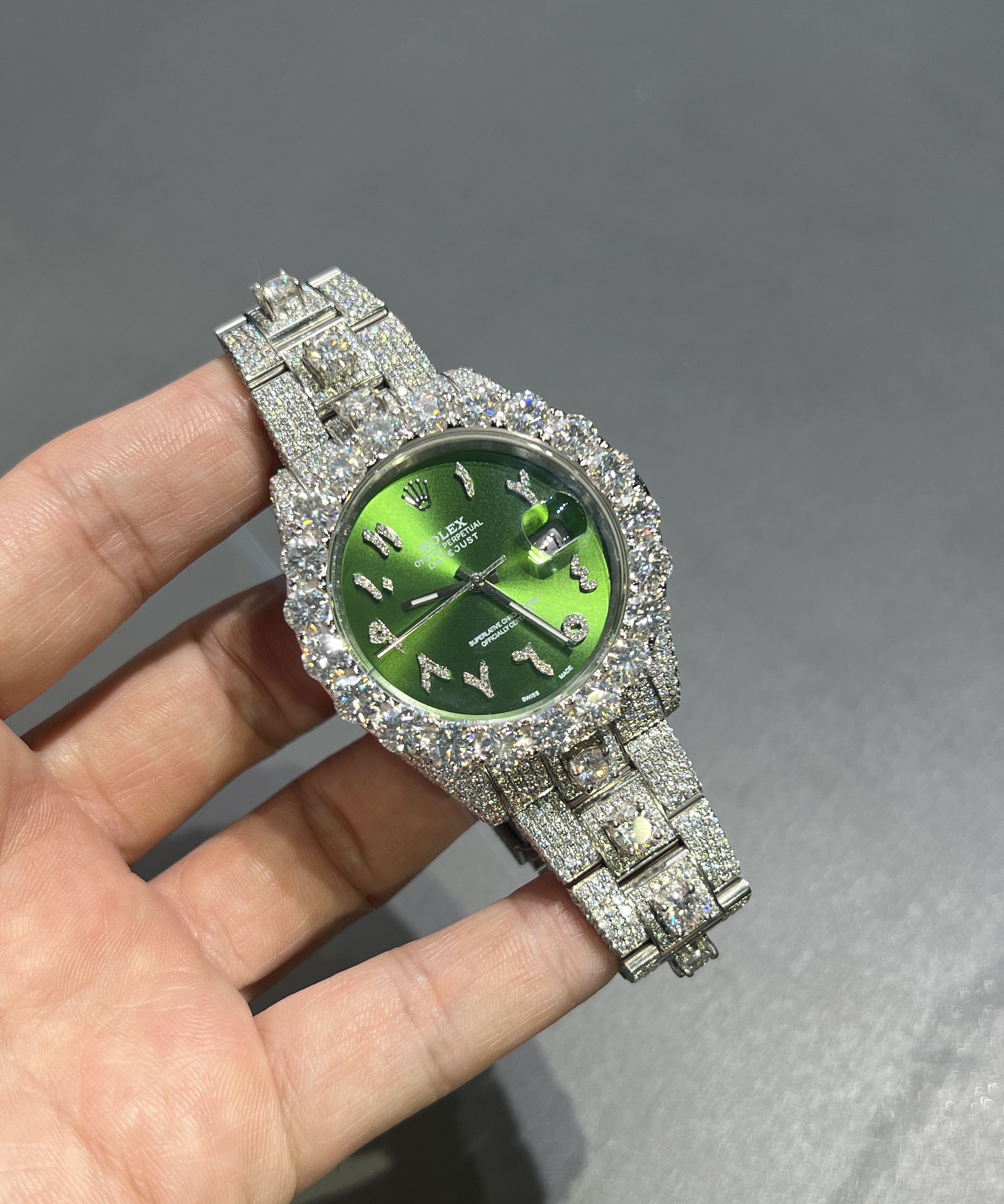 Moissanite Rolex Datejust (Green Arabic Dial)