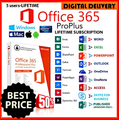 MICROSOFT 0FFICE 365 Pro Plus User Account Lifetime 5 Devices for Win and Mac