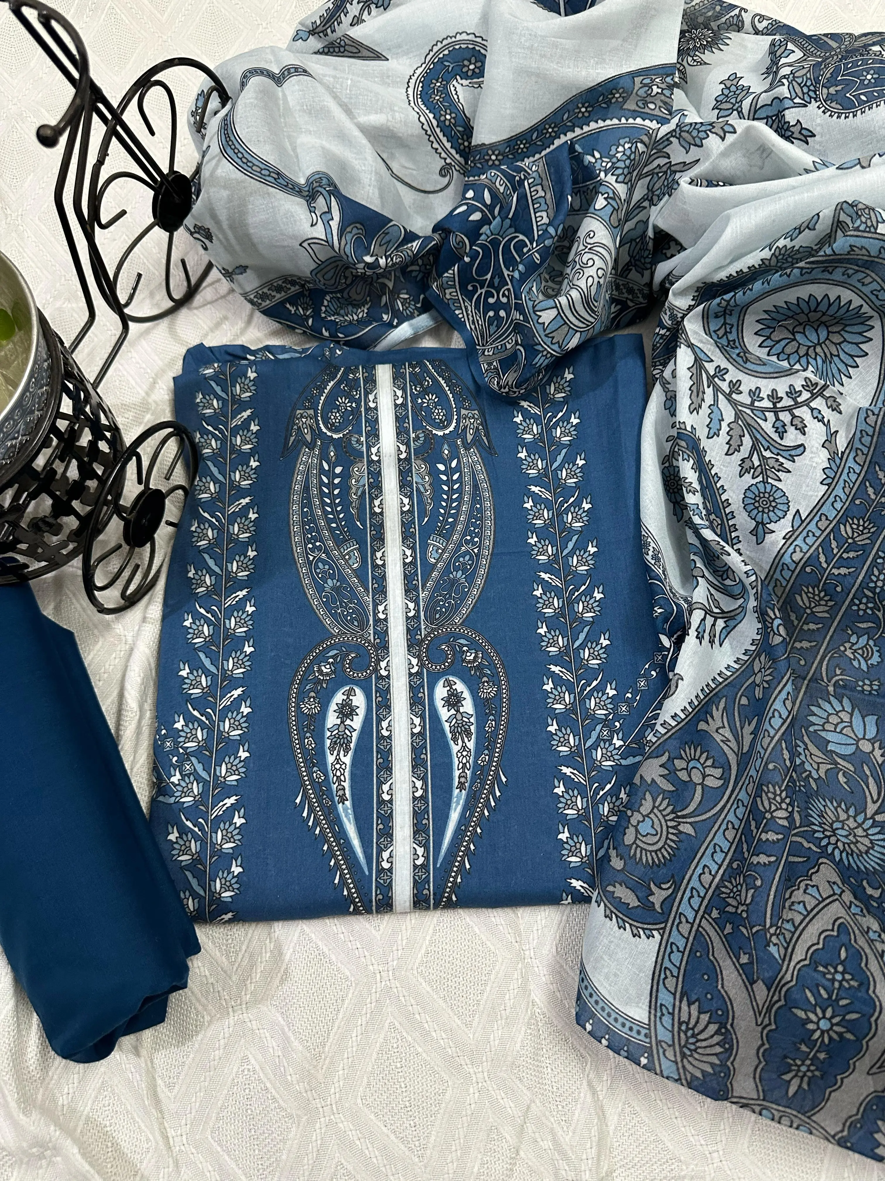 Blue, White, and Gray Zam Zam Swiss Lawn Digital Printed 3PC Dress
