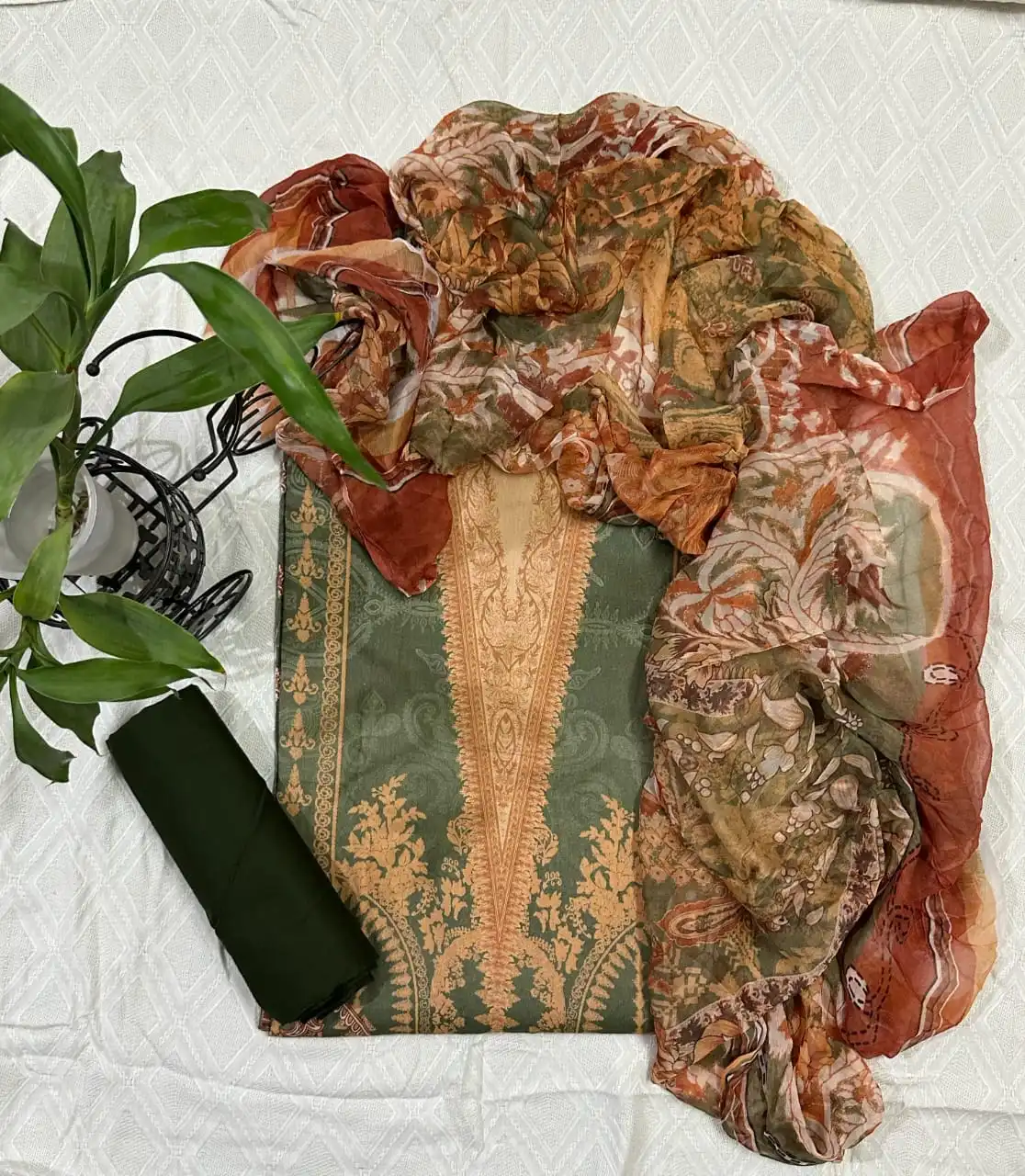 Green, Orange, And Brown Zam Zam Swiss Lawn Digital Printed 3PC Dress with Chiffon dupatta