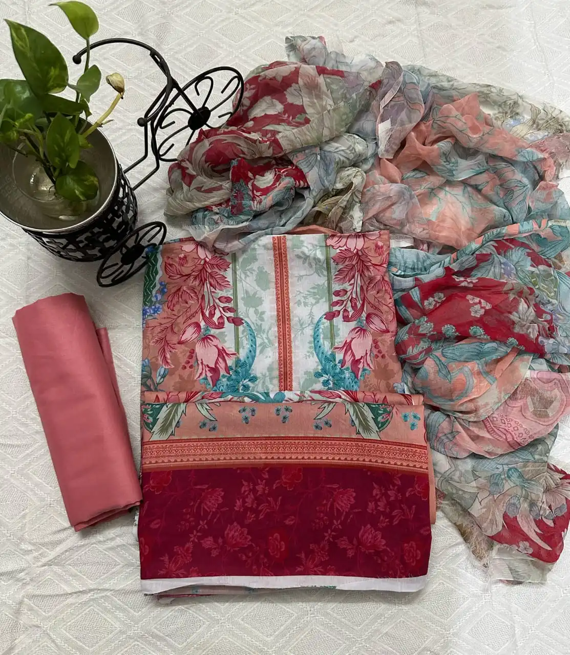 Pink, Red, And Light Blue Zam Zam Swiss Lawn Digital Printed 3PC Dress with Chiffon dupatta