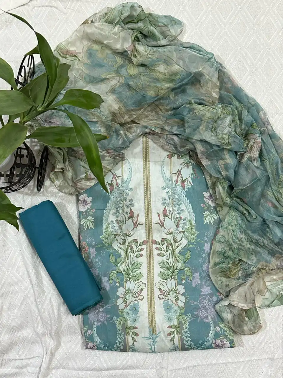 Blue, White, and Green Zam Zam Swiss Lawn Digital Printed 3PC Dress with Chiffon dupatta