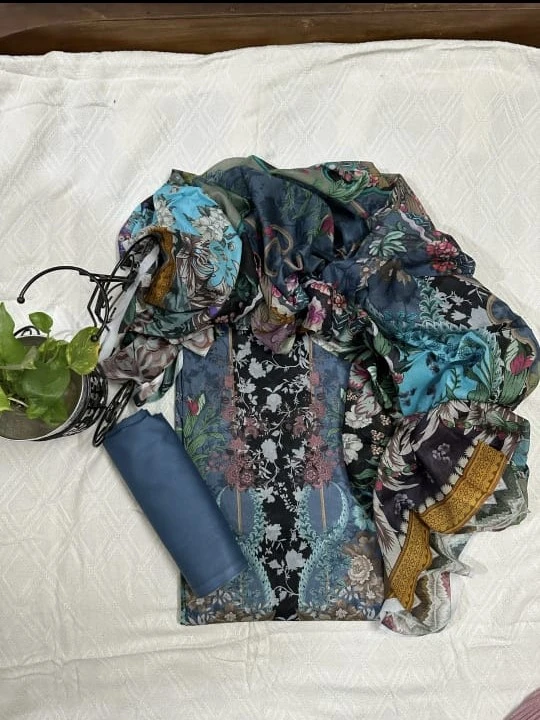Black, Blue, and Pink Zam Zam Swiss Lawn Digital Printed 3PC Dress