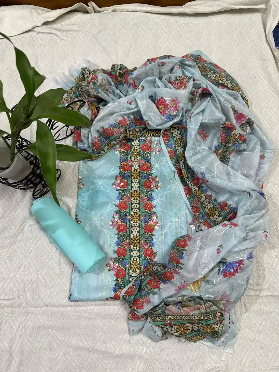 Light Blue, Red, and Green Zam Zam Swiss Lawn Digital Printed 3PC Dress