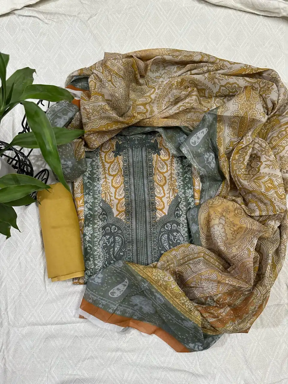 Gray, Gold, and White Zam Zam Swiss Lawn Digital Printed 3PC Dress