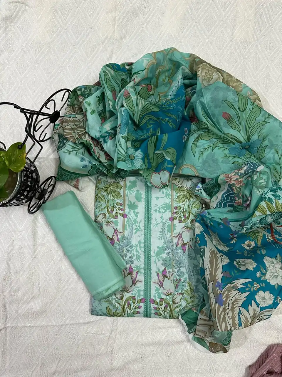 Turquoise, Green, and Beige Zam Zam Swiss Lawn Digital Printed 3PC Dress
