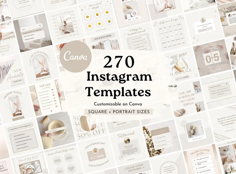 130 Instagram Templates | Neutral Social Media Templates | Minimal Canva Templates | Beige Instagram Engagement Templates | white templates