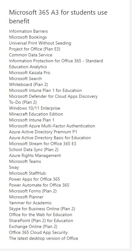 Microsoft 365 A3 for students use benefit