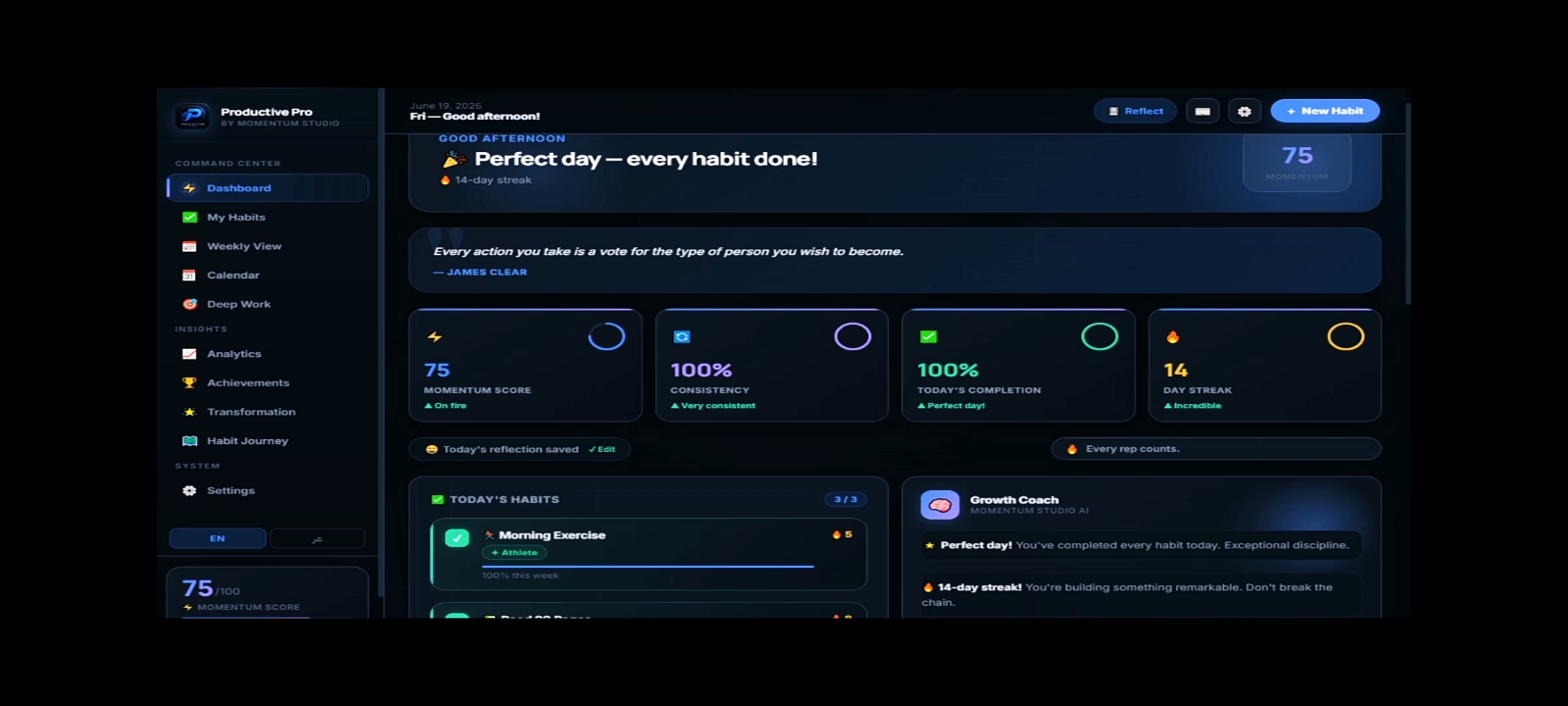 Productive Pro – Personal Growth OS | Habit Tracker, Deep Work, Pomodoro & Analytics | Offline HTML App