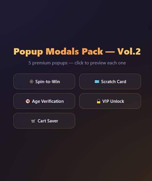 Popup Modals Pack Vol.2 — Spin Wheel, Scratch Card, Age Gate (HTML+CSS+JS)