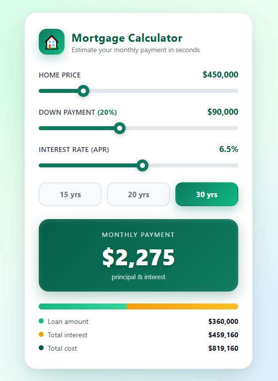 Mortgage & Loan Calculator Widget — HTML + CSS + JS