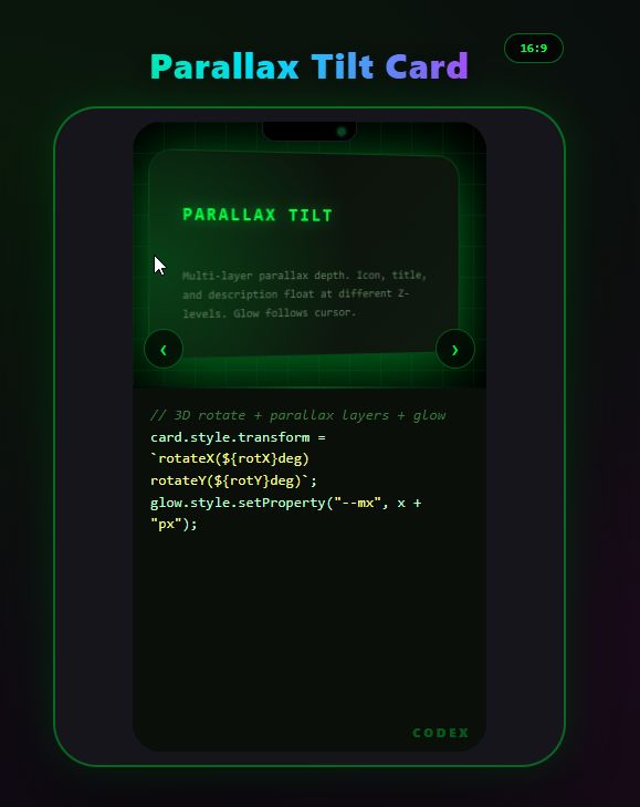 Bento Grid Cards Vol.12 — Parallax Tilt, Holo Flip, Magnetic Float, Glass Depth, Cyber Pulse (HTML+CSS+JS)