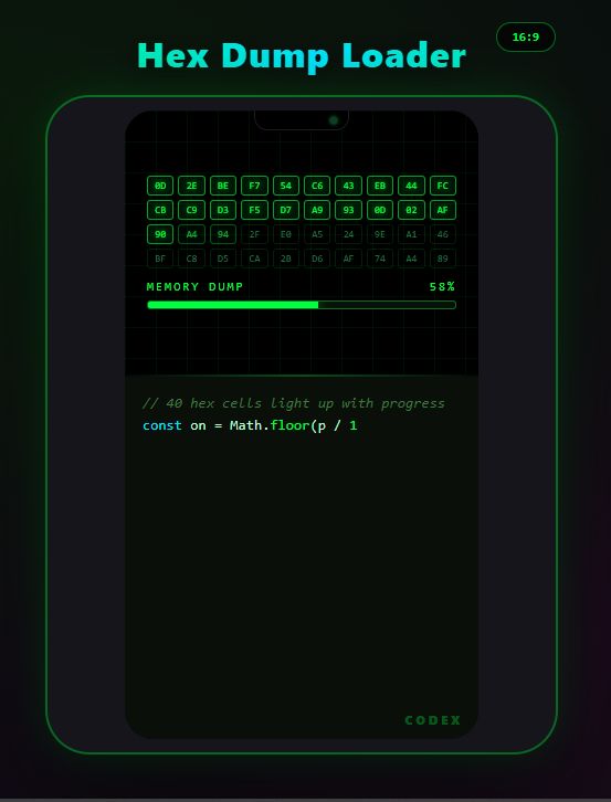 Hacker Loaders Vol.5 — Matrix, Terminal, Glitch, Hex, Stream (CSS+JS)