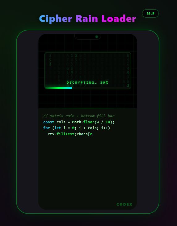 Hacker Loaders Vol.8 — Cipher Rain, Lock Ring, Breach, Quantum, Phantom (HTML+CSS+JS)
