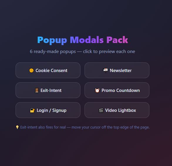 Popup Modals Pack — Cookie, Newsletter, Exit-Intent (HTML+CSS+JS)