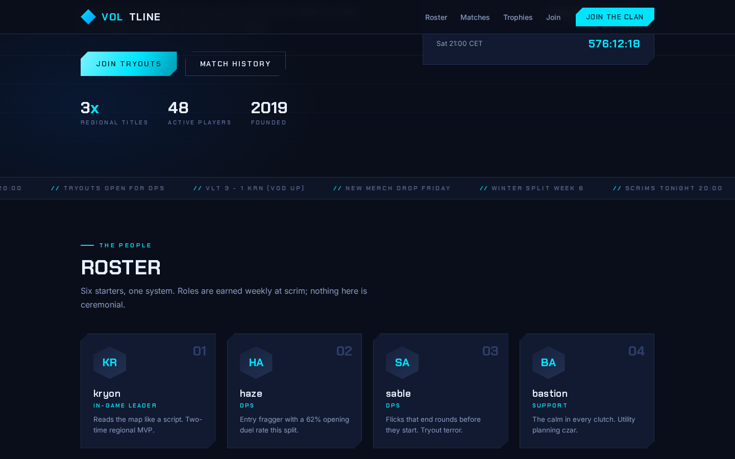 PRISM | Esports Clan Website Template | Roster, Matches, Live Countdown, Tryouts | One-File Setup