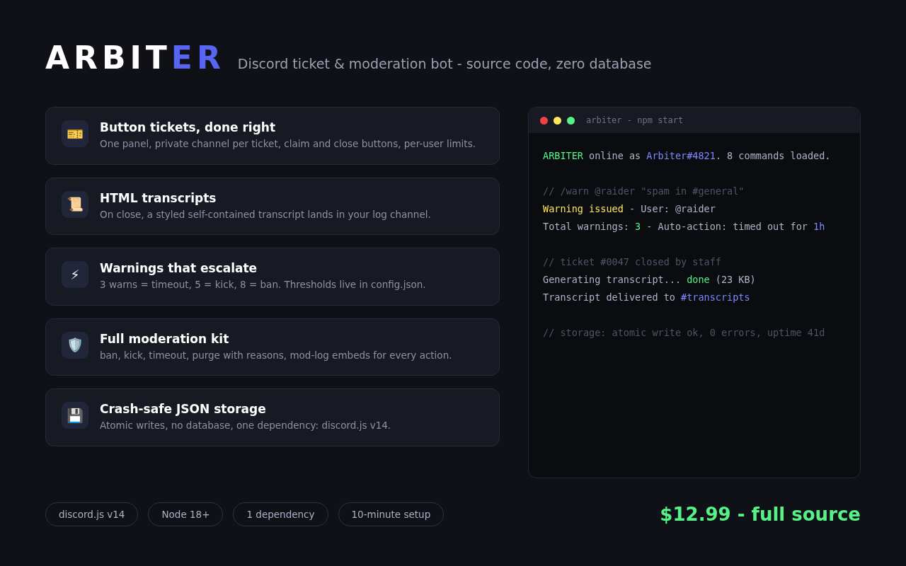 ARBITER | Discord Ticket Bot + Moderation Suite | HTML Transcripts | Warning Auto-Actions | Full Source