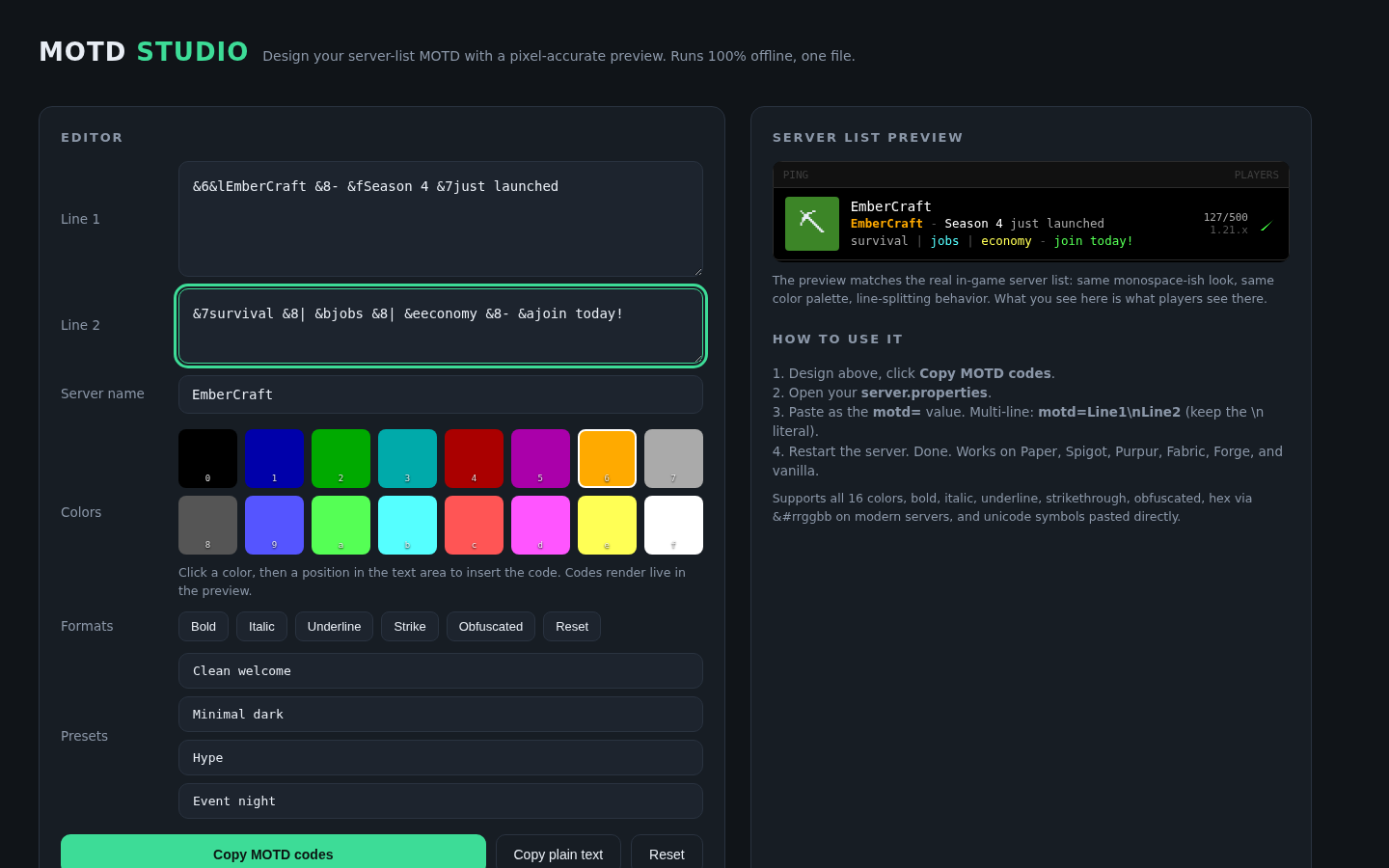 MOTD Studio | Minecraft Server List MOTD Designer | Live Preview, Color Codes, Presets | Single-File Tool